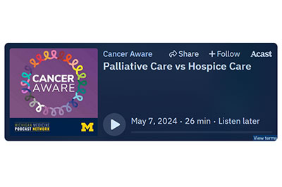 Screen capture of the Cancer Aware podcast player for the Palliative Care and Hospice Care podcast