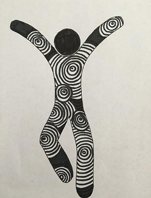 stencil figure that's got black and white spirals inside
