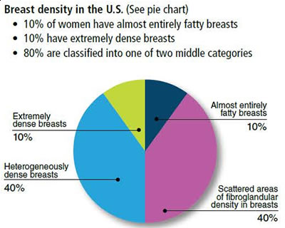 pie chart illustrating the population percentages of those with dense breasts