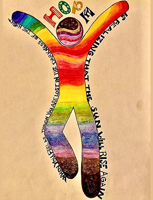 figure dressed in rainbow colors with the word hope above its head like a crown