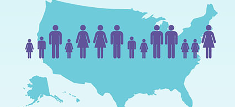 a graphic of the United States with an overlay of human figures of all ages, races and genders