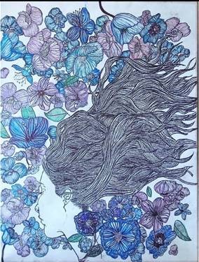 lavendar and white painting of a woman's face with her hair swirling around amid flowers