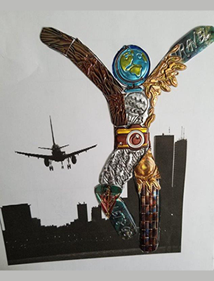 stencil figure with the earth as its head and a camera as its belt standing in front of the New York City skyline with a plane in the background