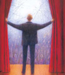 image of figure pulling back a stage curtain