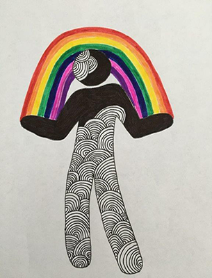 stencil figure holds a rainbow