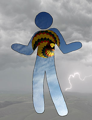 stencil figure with a hot air balloon inside on a background of a storm with lightning
