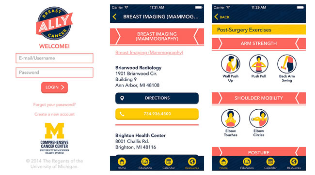 screenshots from the Breast Cancer Ally app
