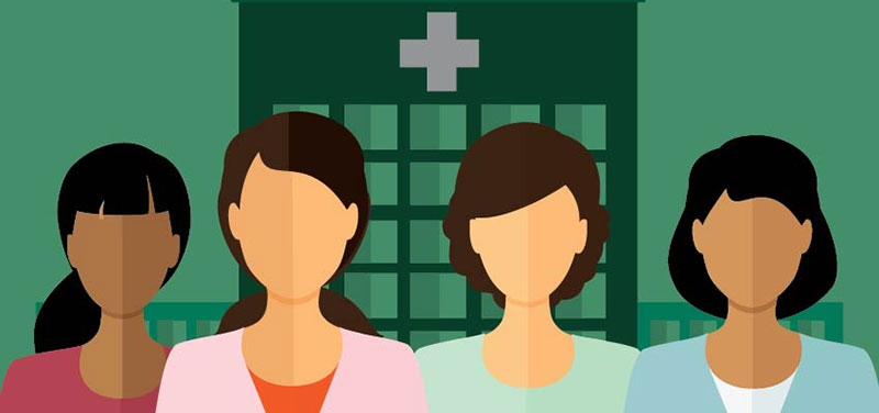 artistic rendering of four women of different racial origins in front of a clinic