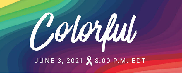 Event name with date on a rainbow background