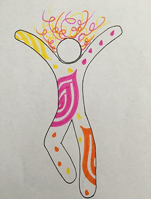 stencil figure with curly hair colored gold and pink