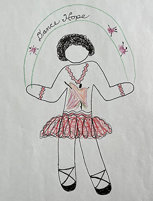 figure in a red ballerina dress with a banner saying Dance in Hope