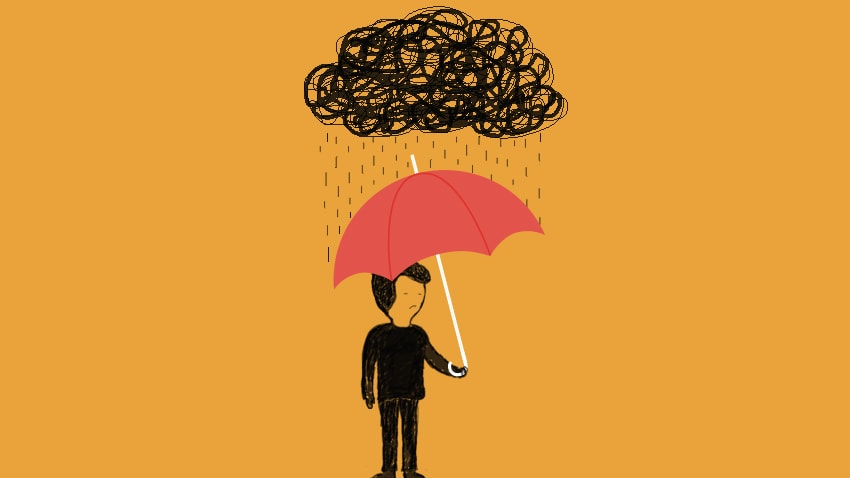 graphic of a person under an umbrella under a storm cloud