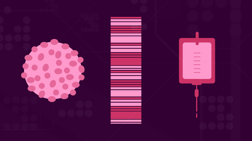 graphic of a cell, dna code and test results