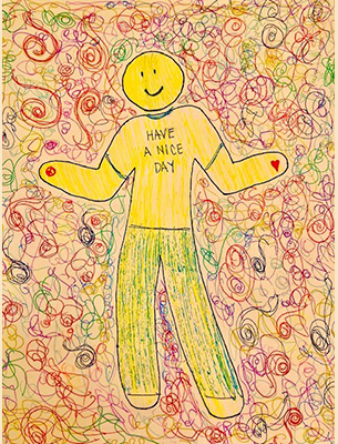figure dressed in yellow wearing a have a nice day t-shirt