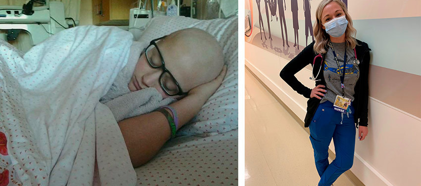Before and after photos: one as a bald patient in a hospital bed; the other as a successful and healthy nurse