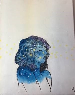 lavendar and white painting of a woman's head and upper body with stars