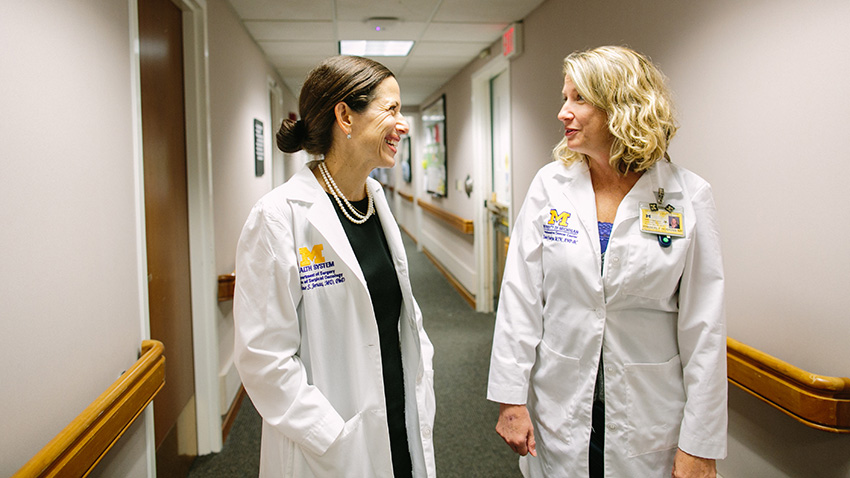 Jacqueline Jeruss, M.D., Ph.D., director of the Breast Care Center, with Kimberly Hopkins, N.P.