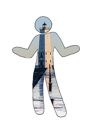 stencil figure filled with the image of a lighthouse