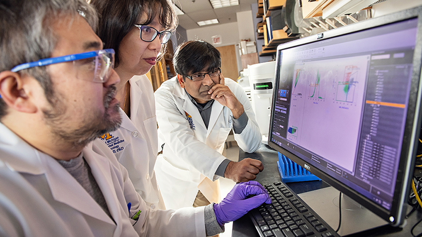 Drs Fujiwara, Chen and Reddy study research results  Photo credit: Leisa Thompson