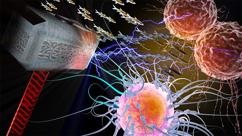 graphic of a Thor's Hammer blasting cancer cells