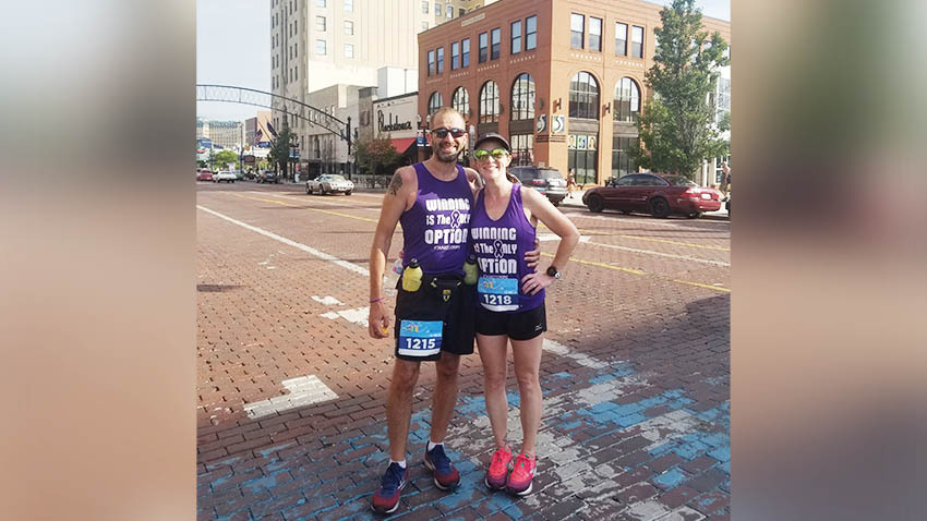 Mike and Missy Skaggs running in a city marathon