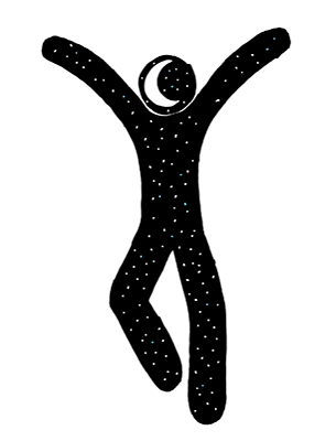 black and white figure filled with stars and head of a moon