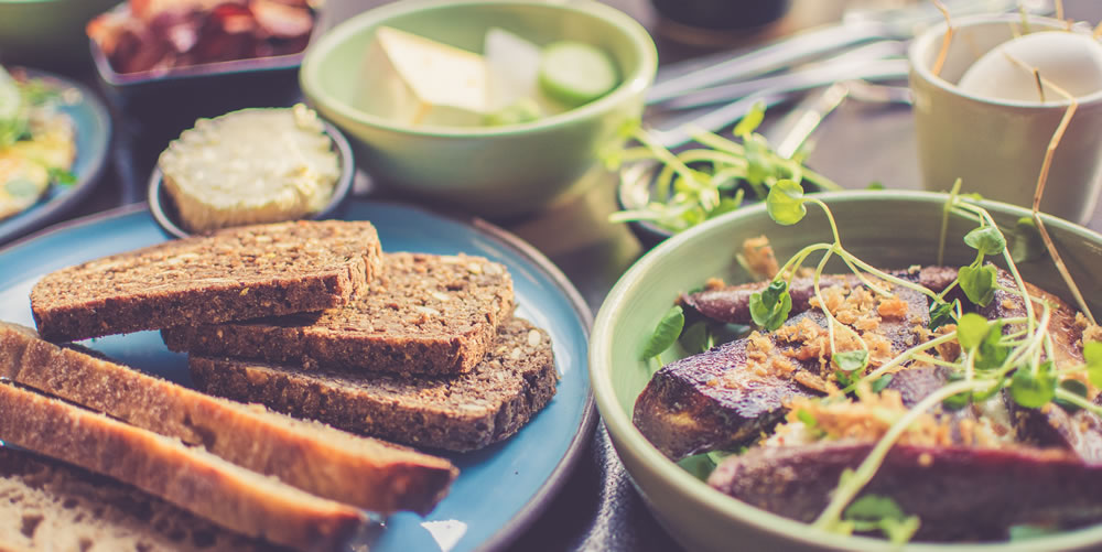 meal of bread, fruit and meat