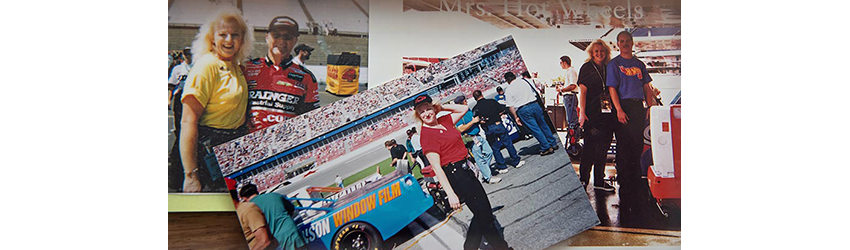 three different photos of Ellen at NASCAR events