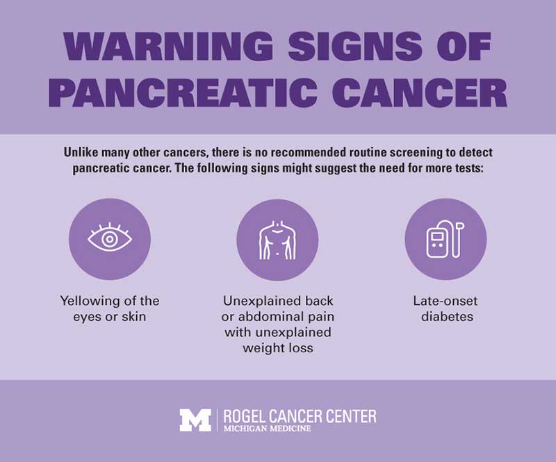 Warning signs of pancreatic cancer can be yellowing of eyes and skin, back or stomach pain along with unexplained weight loos and late-onset diabetes