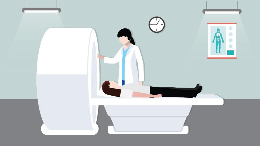 graphic of a person receiving radiation therapy