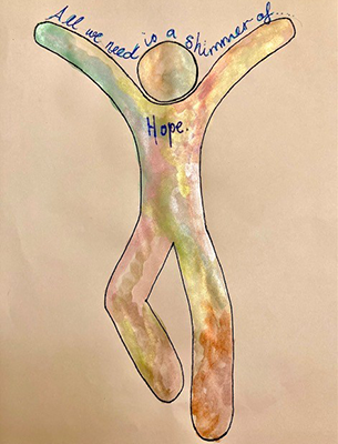 stencil figure filled with shimmering rainbow colors and with the words all we need is a shimmer of hope