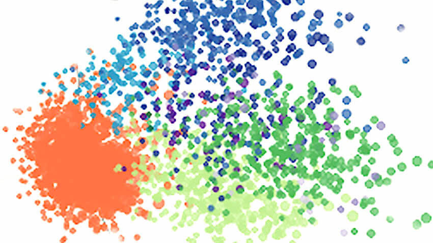 orange, blue and purple dots illustrate how chemotherapy causes two different reactions in cancer cells