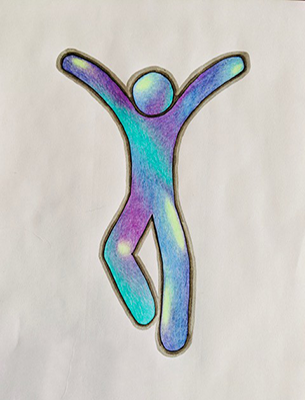 stencil figure painted with soft blues and purples