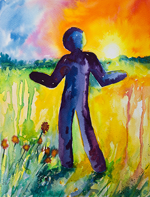 stencil figure standing in a field of flowers during sunset