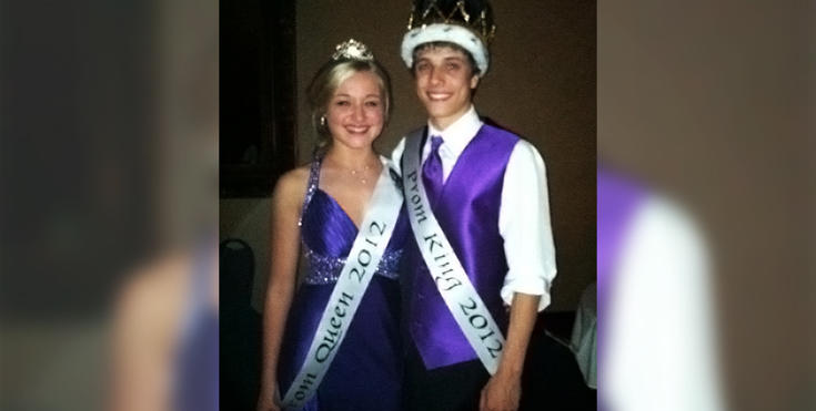 Goff wearing a crown and dressed in a prom dress with her prom king