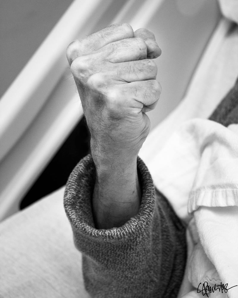 black and white image of a hand raised and clenched into a fist