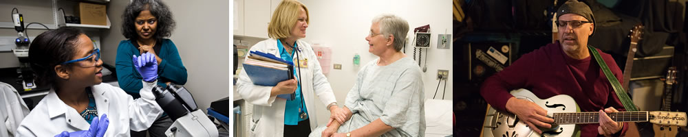 grad student with Dr. Nagrath; nurse practioner with patient; Clint Lavens playing guitar