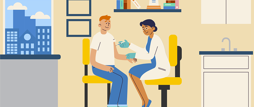 cartoon image of young man being vaccinated by a nurse