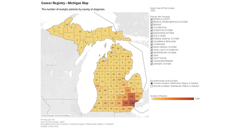 map of where U-M Rogel Cancer Center patients came from in 2020