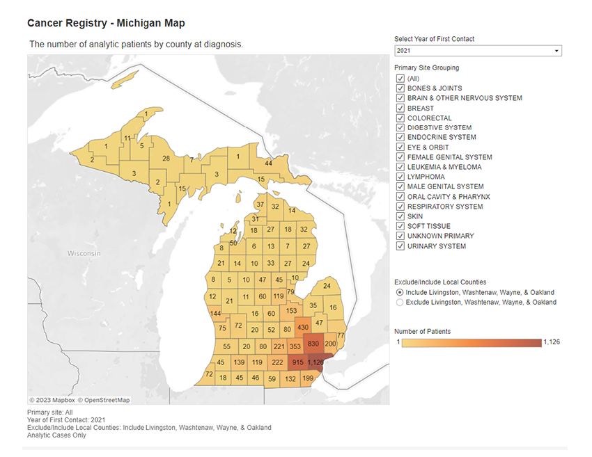 map of where U-M Rogel Cancer Center patients came from in 2021