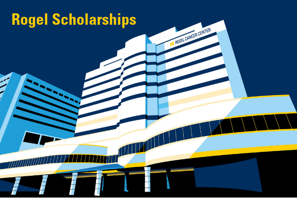 Rogel Scholarships written over illustration of the building