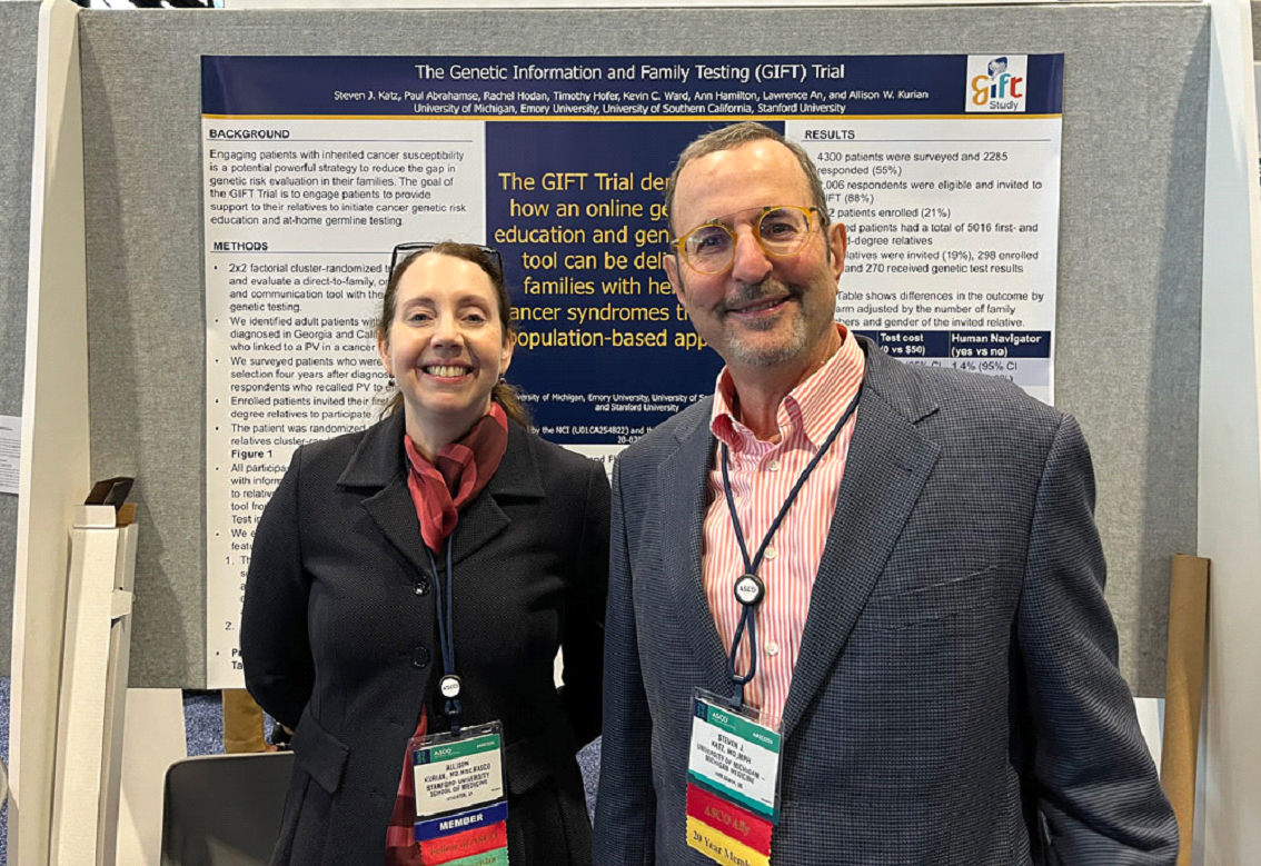 Allison Kurian, M.D., M.Sc. and Steven Katz, M.D., MPH, at their poster at ASCO 2025.