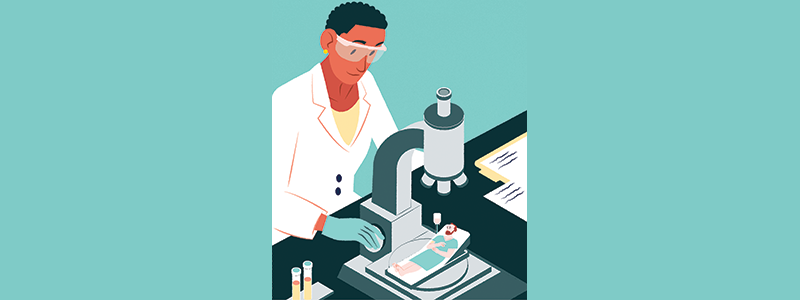 Illustration of researcher looking through a microscope at a patient in a hospital bed