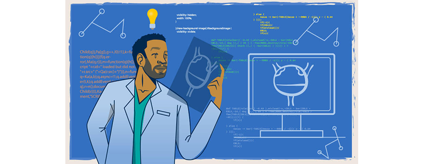 illustration of black doctor looking at output from a computer's analysis