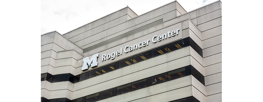 Top of Rogel Cancer Center Building where the name is displayed