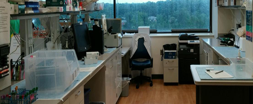 View of the Clinical Research Specimen Processing (CRSP) laboratory from the entrance