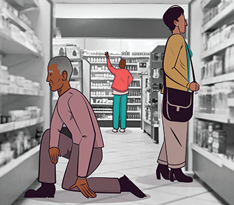 A diverse group of customers shopping in a drug store