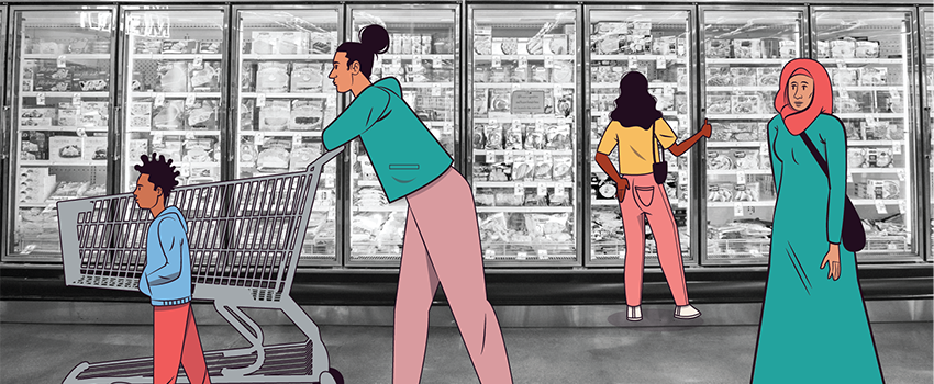 Illustration of the frozen food aisle filled with a diversity of shoppers