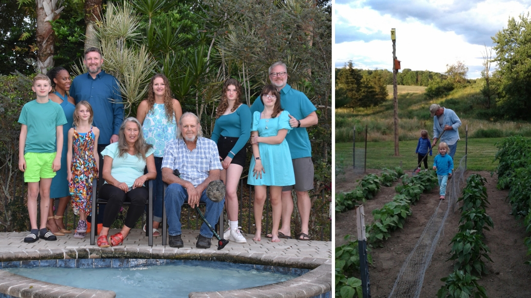 Don Reynolds, seated at right, and his family gather together. Reynolds can garden with his grandchildren after a successful treatment with Pluvicto.