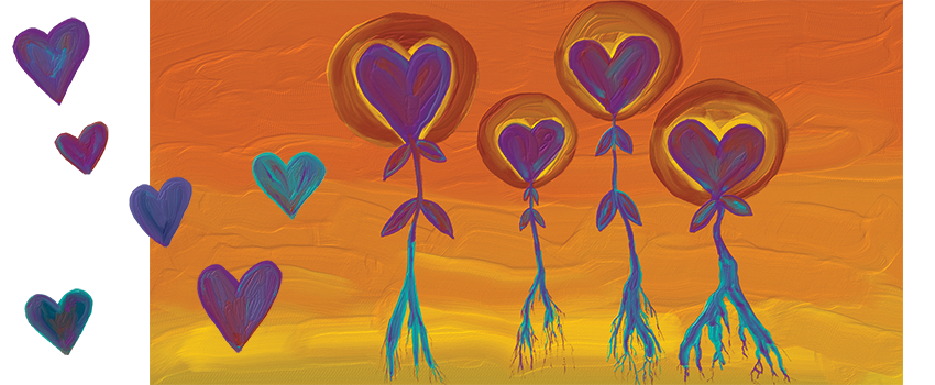 Colorful illustration of floating hearts and flowers growing as hearts
